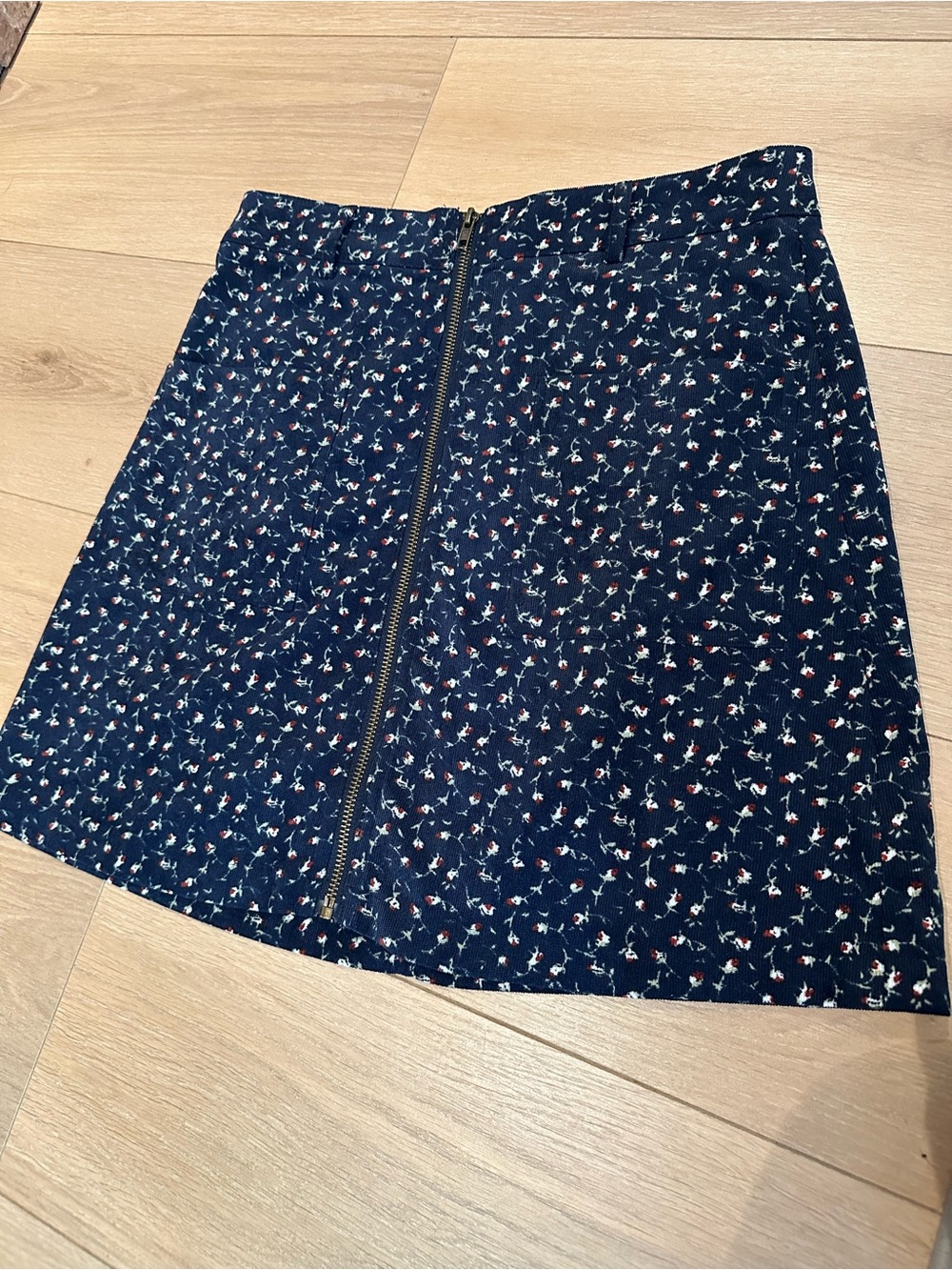 Women’s Navy Corduroy Floral Zip-Front A-Line Skirt